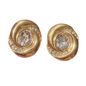 Napier Vintage Gold Tone Swirl Crystal Rhinestone Oval Stud Earrings